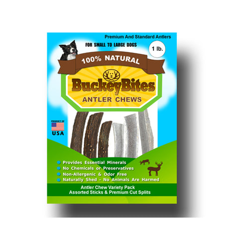 BuckeyBites Antler Chew Variety Pack with Assorted Sticks and Splits (1Lb.)