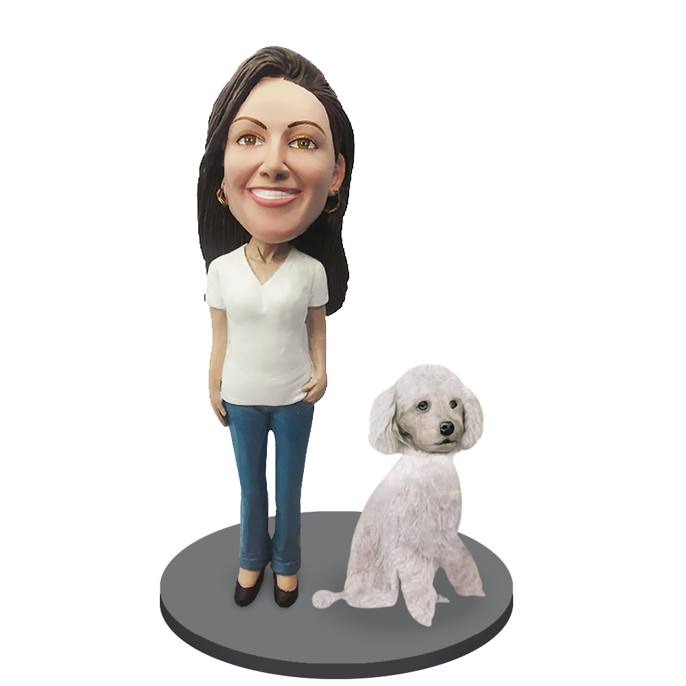 Custom female with Custom Pet Dog Bobblehead - Poodle White Miniature
