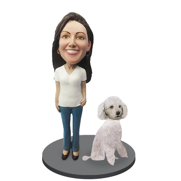 Custom female with Custom Pet Dog Bobblehead - Poodle White Miniature