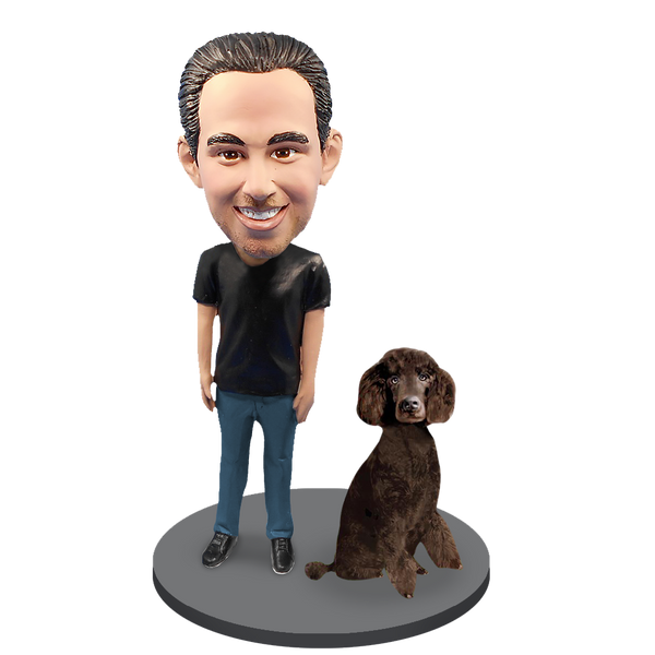 Custom Male with Custom Pet Dog Bobblehead - Poodle Brown
